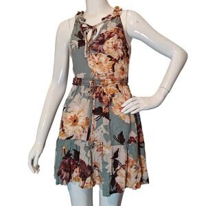 Band of Gypsies Floral Mini Dress Ruffle Neck Tie Waist Boho XS